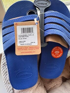 Havaianas Flip Flops Blue Star Brazil Sandals Womens 7/8 New - wide feet
